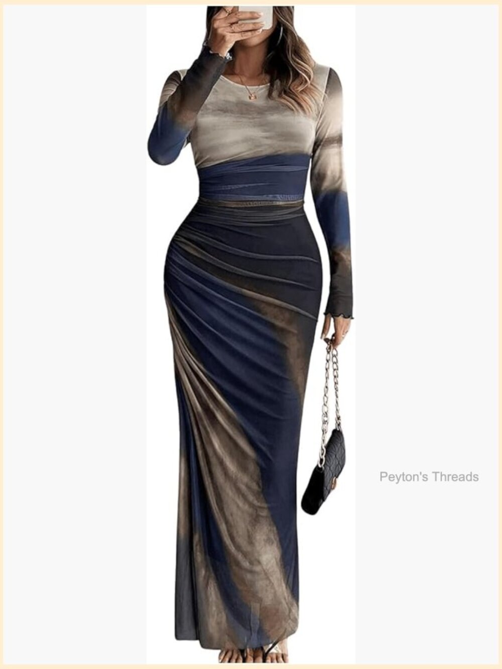 Long Sleeve Maxi Bodycon Dress Tie Dye Ruched Mesh Layer Prom Formal Wedding - Picture 1 of 7